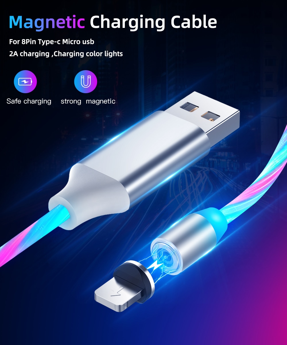 For Android / Type C / Micro USB / for iPhone lightning, Luminous Charger Cable Fast Charging Cord Mag-netic