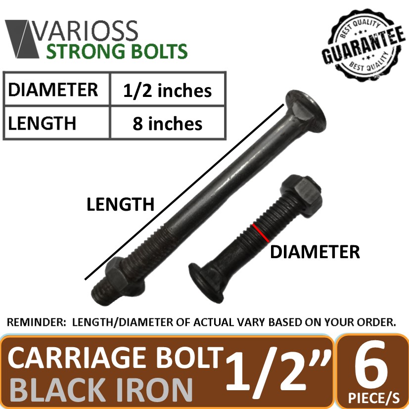 BI Carriage Bolt, Size 1/2" or 1/2 inches diameter x 8 inches length