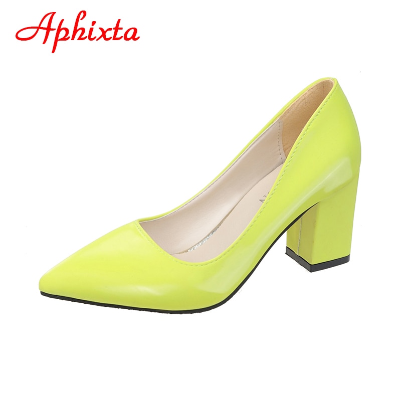 Aphixta New 2.75Inch Square Heel Patent Leather Shoes Women Pumps Dark  Green Thick Heels Work Pointed Toe Plus Size 43