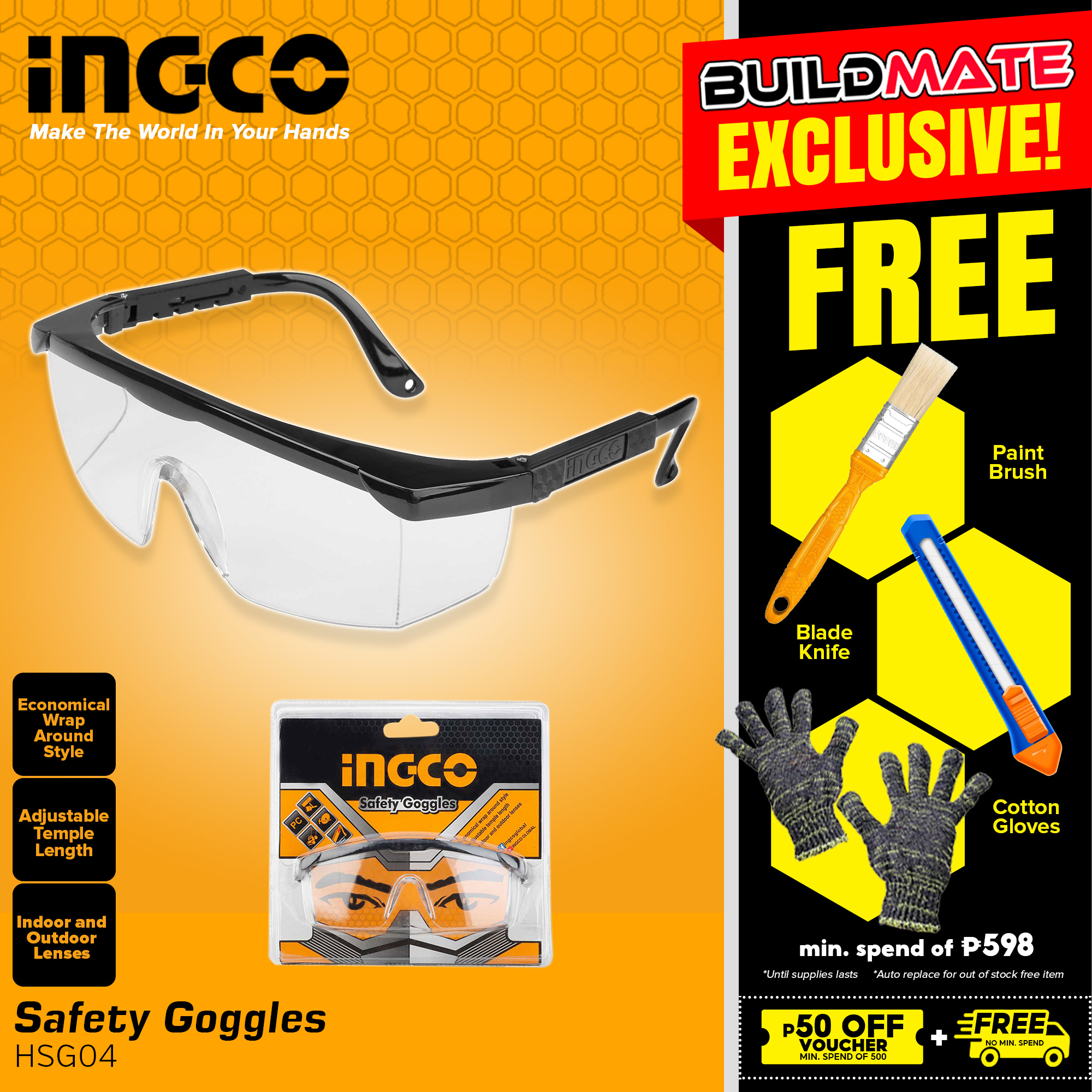 BUILDMATE Ingco Safety Goggles Eye Protector Light Weight Wide Visual