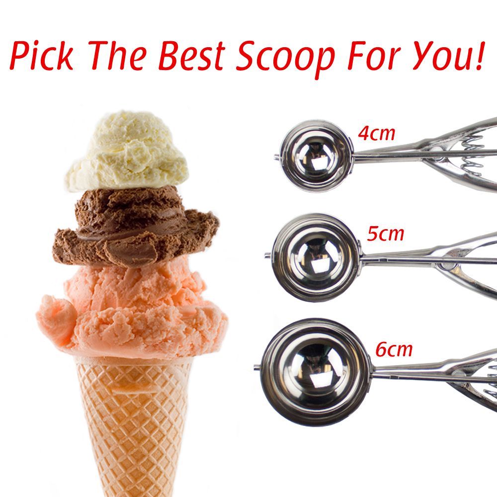 Stainless Steel , Polished, 3 Pieces Different Sizes Small 4cm, Medium 5cm  Large 6cm Ice Cream Spoon With Ejector, R