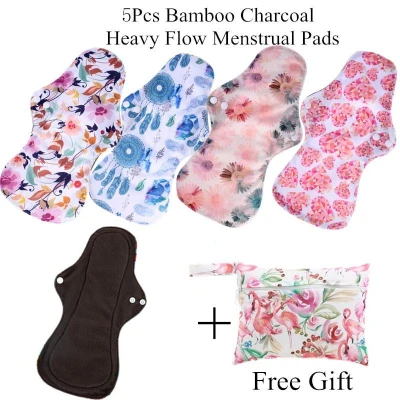[simfamily]6Pcs ( 5+1Set )Heavy Flow Menstrual Pads Set Resualable Bamboo Charcoal Mum Cloth Pads Night Use