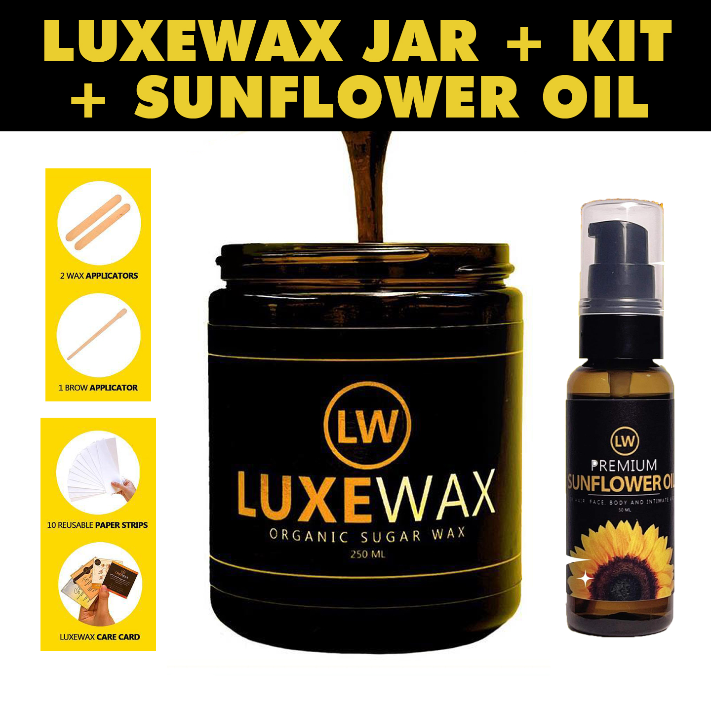 Luxewax Organic Sugar Wax Kit or Sunflower Oil (Jar, Wax & Brow