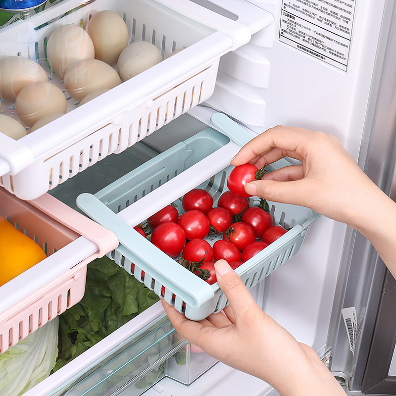 1pc Random Color Refrigerator Hanging Storage Box,Retractable Refrigerator  Organizer Storage Basket, Kitchen Household Multifunctional Drawer Type  Fresh-keeping Storage Drain Basket, Refrigerator Rack Holder