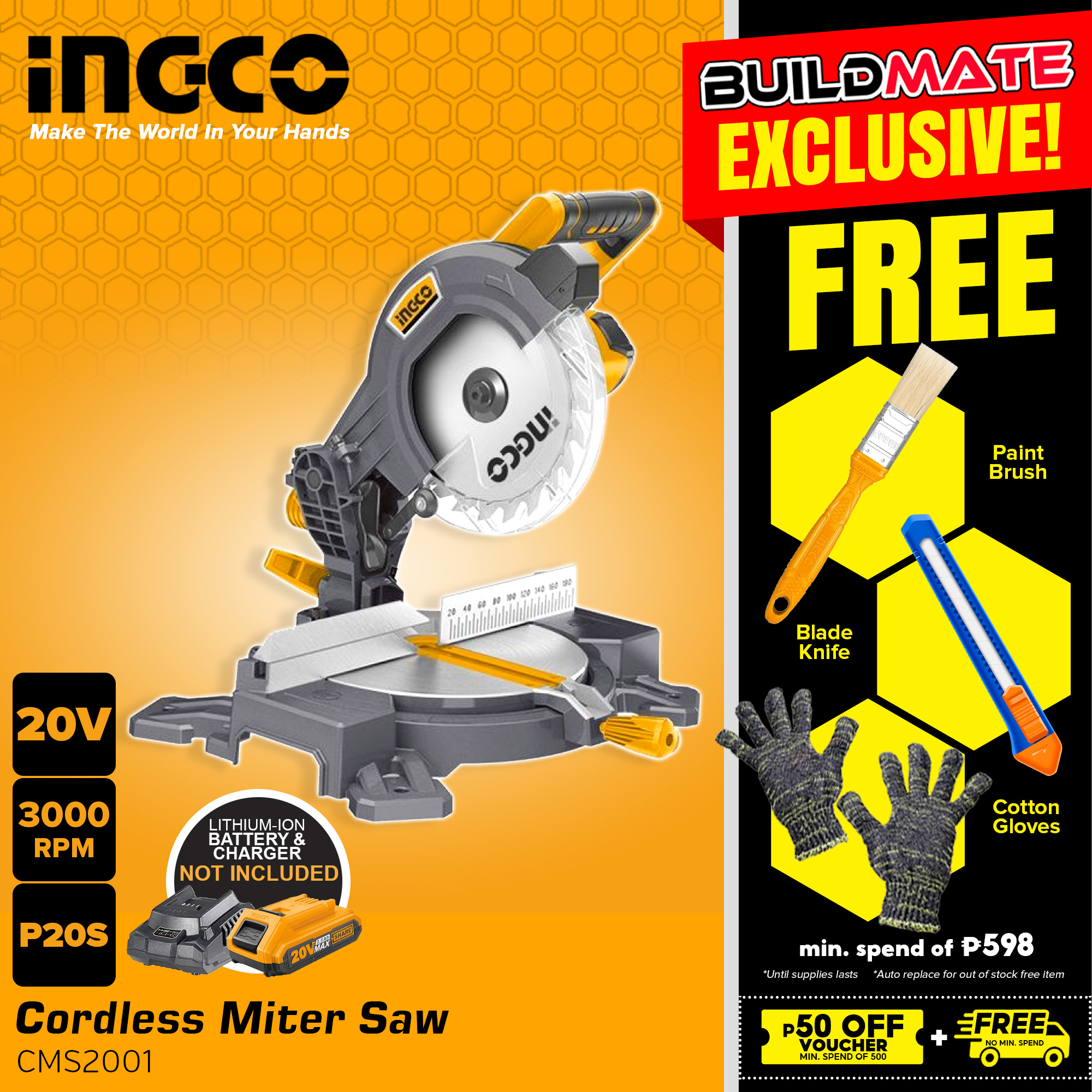INGCO Cordless Lithium Ion Mitre Miter Saw For Wood and Aluminum Cutting CMS2001 20V BARE TOOL