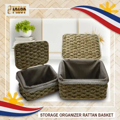 TATAK PINOY Rattan Basket Storage Baskets Shelf Organizer Container Bins Basket with Cover and with Linen Liner Cloths