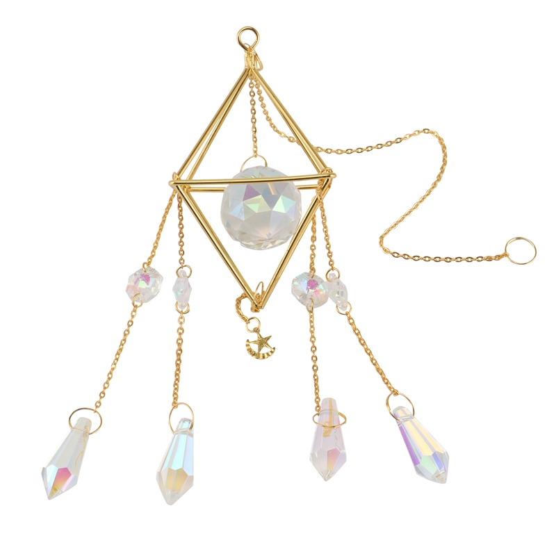 Crystal Sun Catcher, Rainbow Prism, Window Sun Catcher,Gold Plated Celestial Suncatcher, Boho Sun & Moon with Crystals