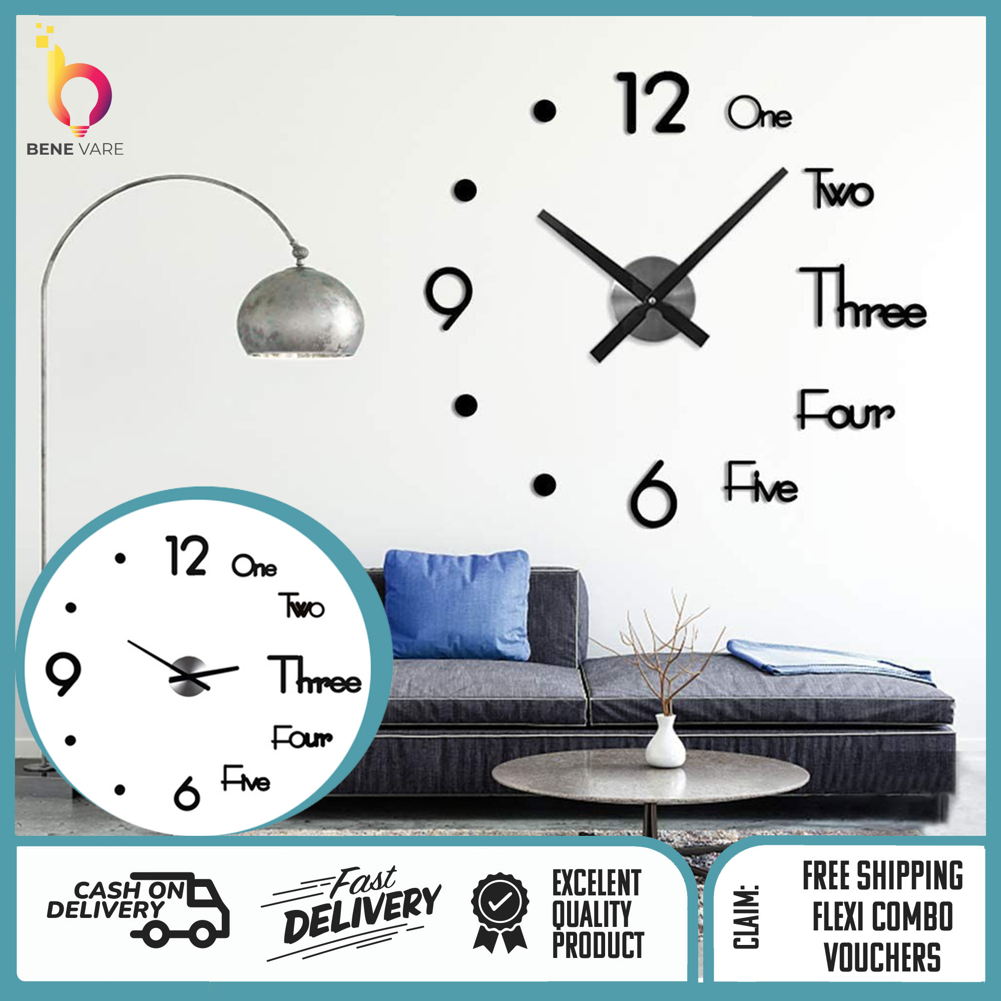BENE VARE 3D DIY Large Wall Clock Modern Time Interior No need to punch