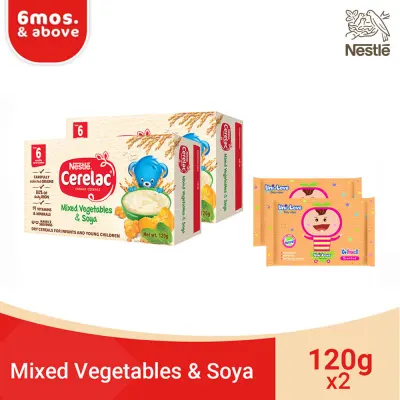 CERELAC Mixed Vegetable & Soya 120g x 2 with FREE Uni-love Unscented Baby Wipes 11's (Pack of 2)
