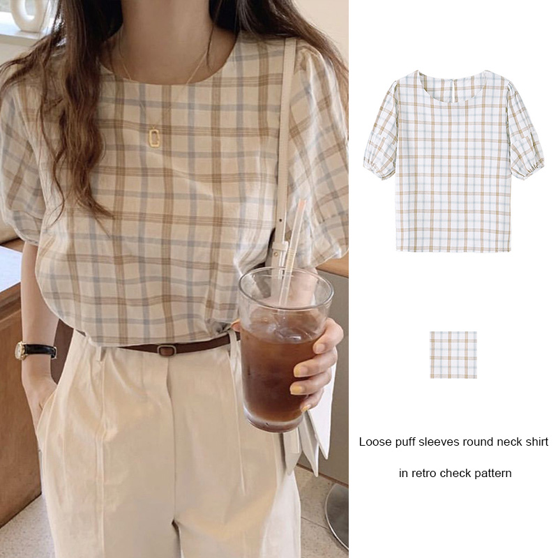 Korean Women Retro Check Square Neck Puff Sleeve Loose Casual Tops Shirts  Blouse 