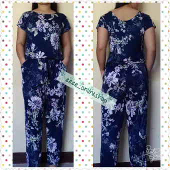 blue patterned jumpsuit