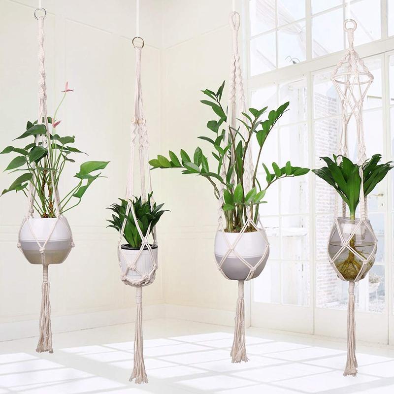 4Pcs Macrame Plant Hanger Handmade Woven Cotton Plant Holder Wall Hanging Planter Basket for Indoor Outdoor Garden Patio Balcony Ceiling Decorations, 4 Legs 40 Inch