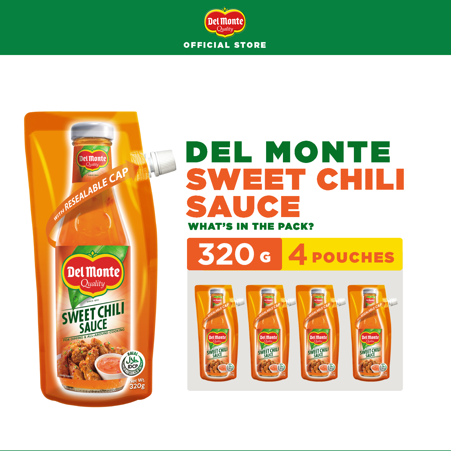DEL MONTE Sweet Chili Sauce with bell peppers, chili, garlic! 320g Pouch x4 (Buy 3 get 1 free