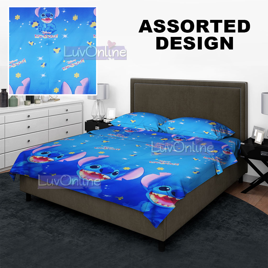 lilo and stitch ASSORTED cute cartoon garterized fitted full bedsheet set  blanket pillow case flatsheet cartoons kids boys girls Single Double Queen  King size bed sheet beddings design bed sheets SALE COD |