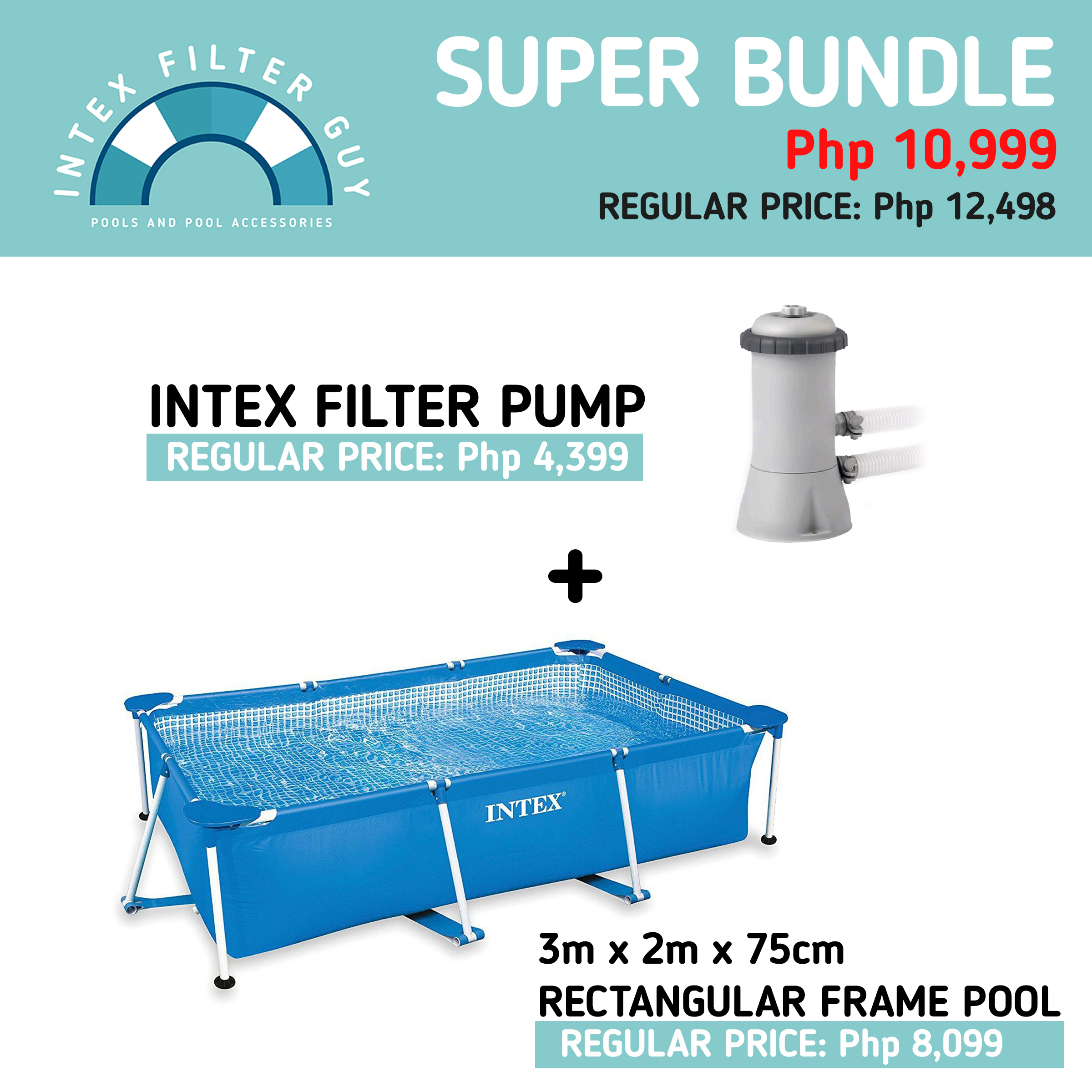 SUPER BUNDLE Intex Rectangular Frame Pool (3m x 2m x 75cm) + Intex