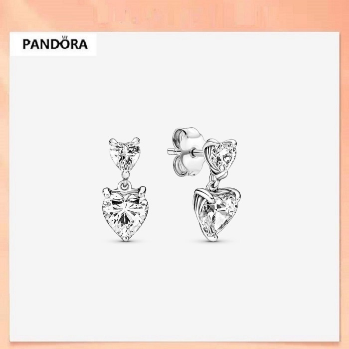 2023 Pandoras 925 Silver Sparkling Double Heart Stud Earrings