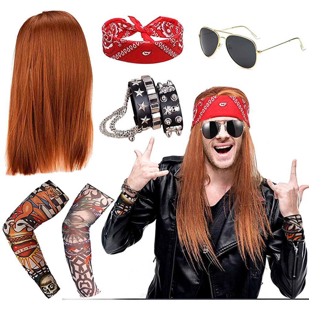 Rockstar 90s Heavy Metal Rocker Costume With Wig, Gloves, Sunglasses And  Bandanas Cosplay Costumes For Men 