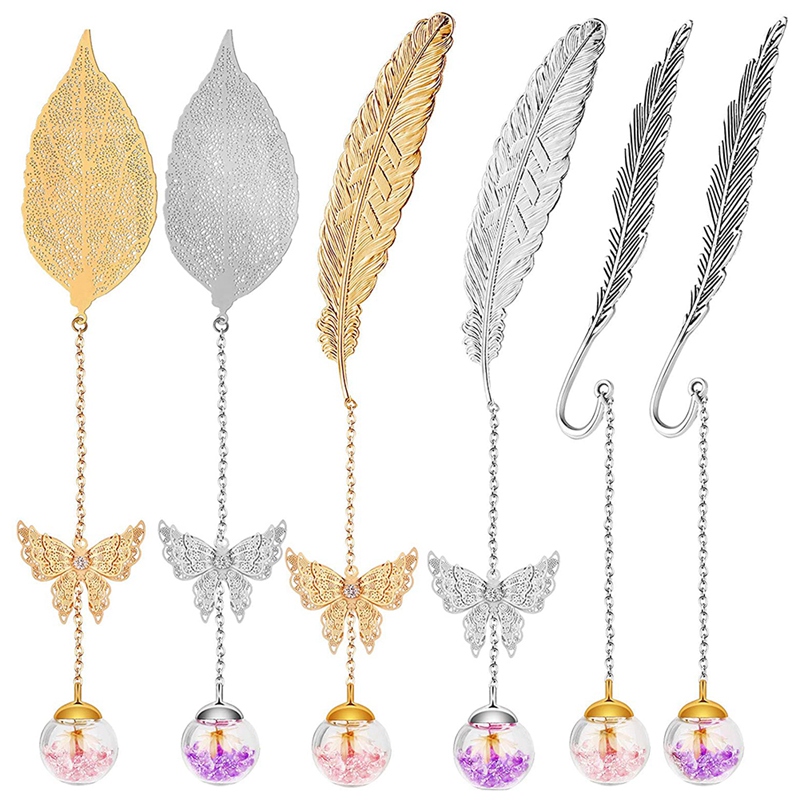 6 Pieces Metal Feather Bookmark Metal Leaf Bookmark with Book Clip Pendant 3D Butterfly Pendants, with Beads Pendant