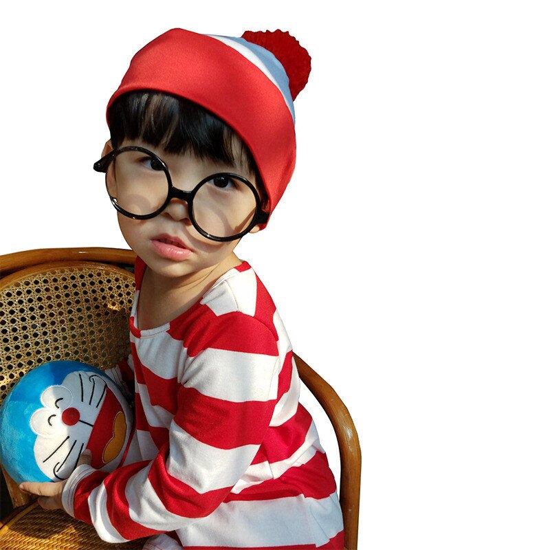 Parent-Child Where Is Wally Costume Waldo Book Week Fancy Dress Stripe Shirt Hat Glasses Kit
