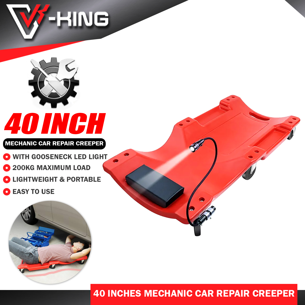 VKING 40" Mechanic Repair Car Creeper Board with LED Light & Tool Tray for Vehicle