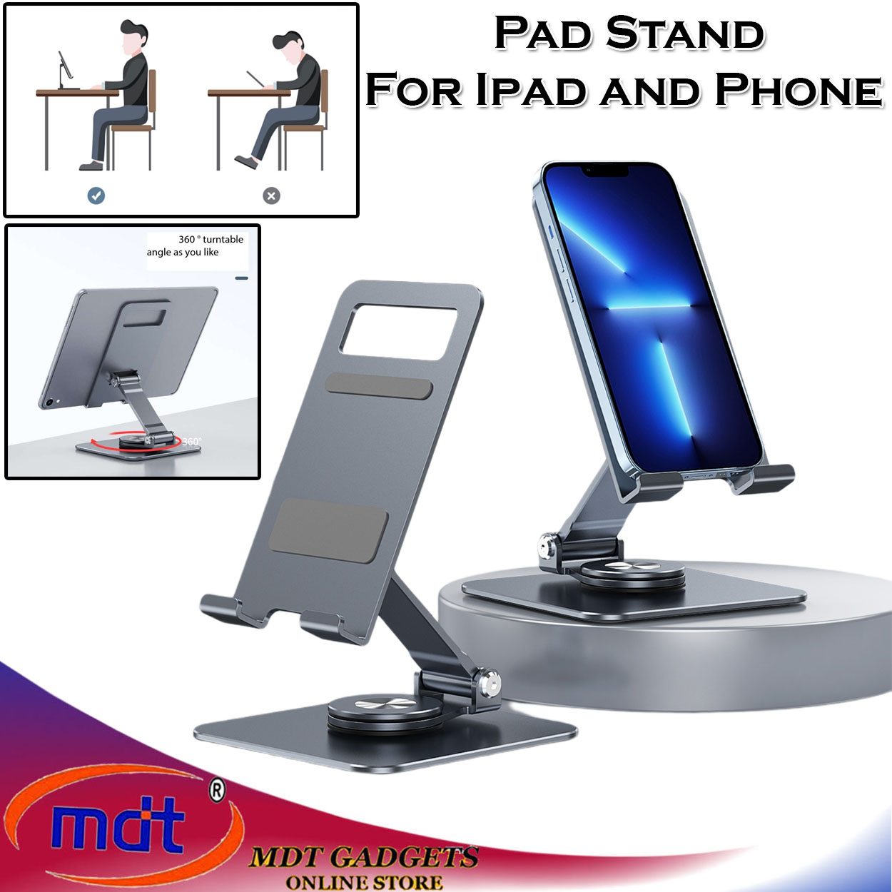 Pad Stand for Ipad and Phone Aluminum Alloy Bracket with 360 Degree