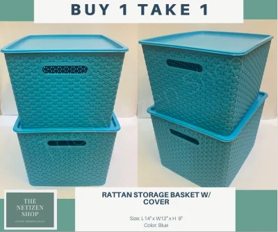 Rattan Style Plastic Storage Basket Container with Lid - Blue - B