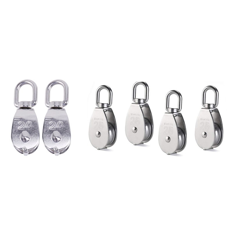 2Pcs Stainless Steel 304 Double Swivel Pulley Block & 4Pcs M25 Single Pulley Block,304 Stainless Steel Pulley Roller