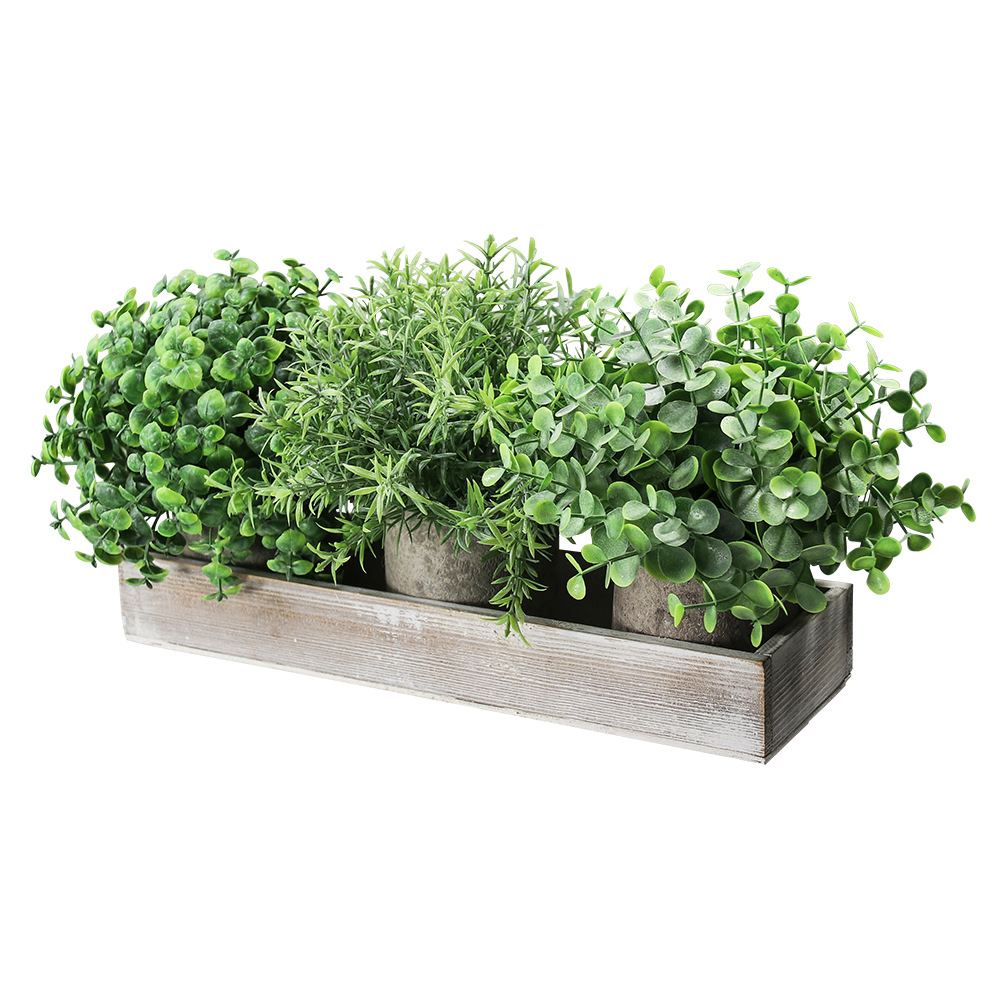 Set of 3 Mini Potted Artificial Eucalyptus Plants with Wood Planter Box