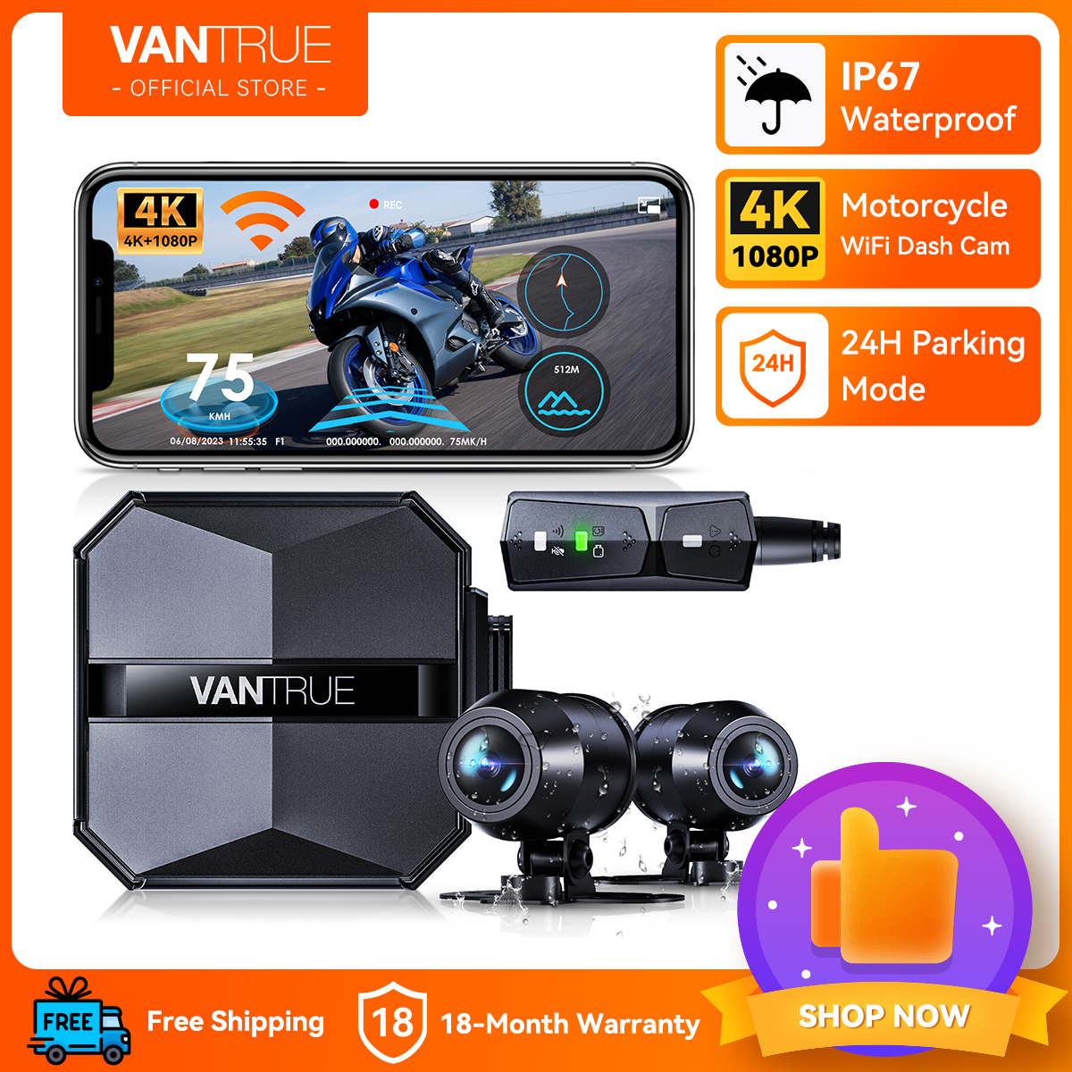  Vantrue F1 Motorcycle 4K Front and Rear Dash Cam, 4K +
