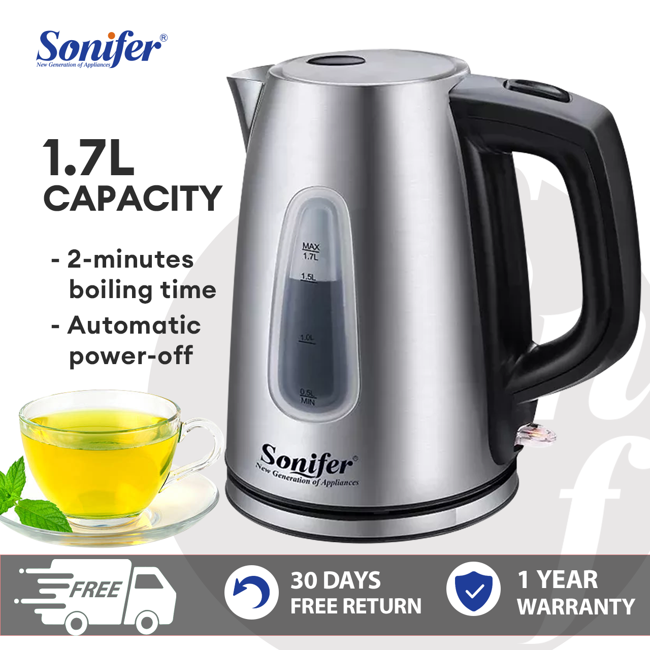 1.7L Stainless Steel Electric Tea Kettle, BPA-Free Hot Water Boiler, Auto  Shut-Off and Boil-Dry Protection, 2200w Fast Boil