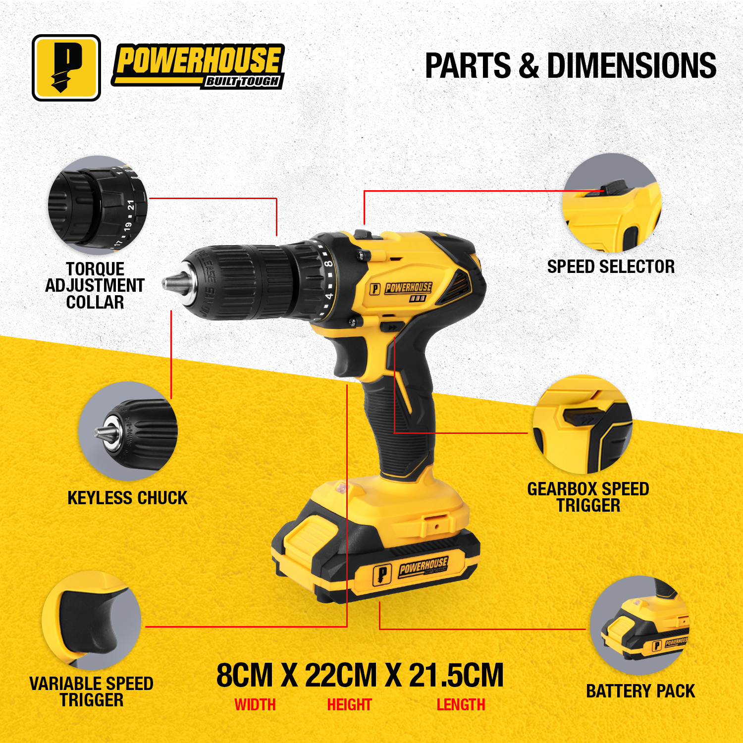 POWERHOUSE Portable Cordless Drill Driver 12V 10mm Drill Chuck