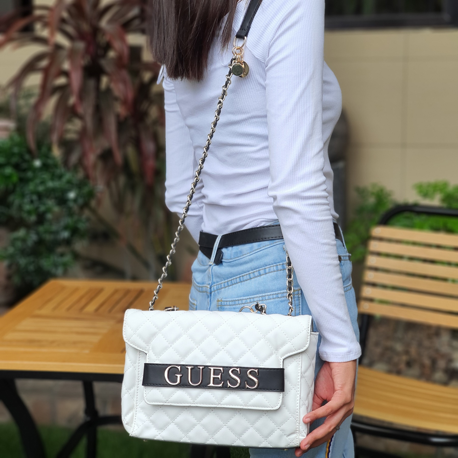 Guaranteed Authentic Guess Illy Convertible Quilted Leather Chain Strap