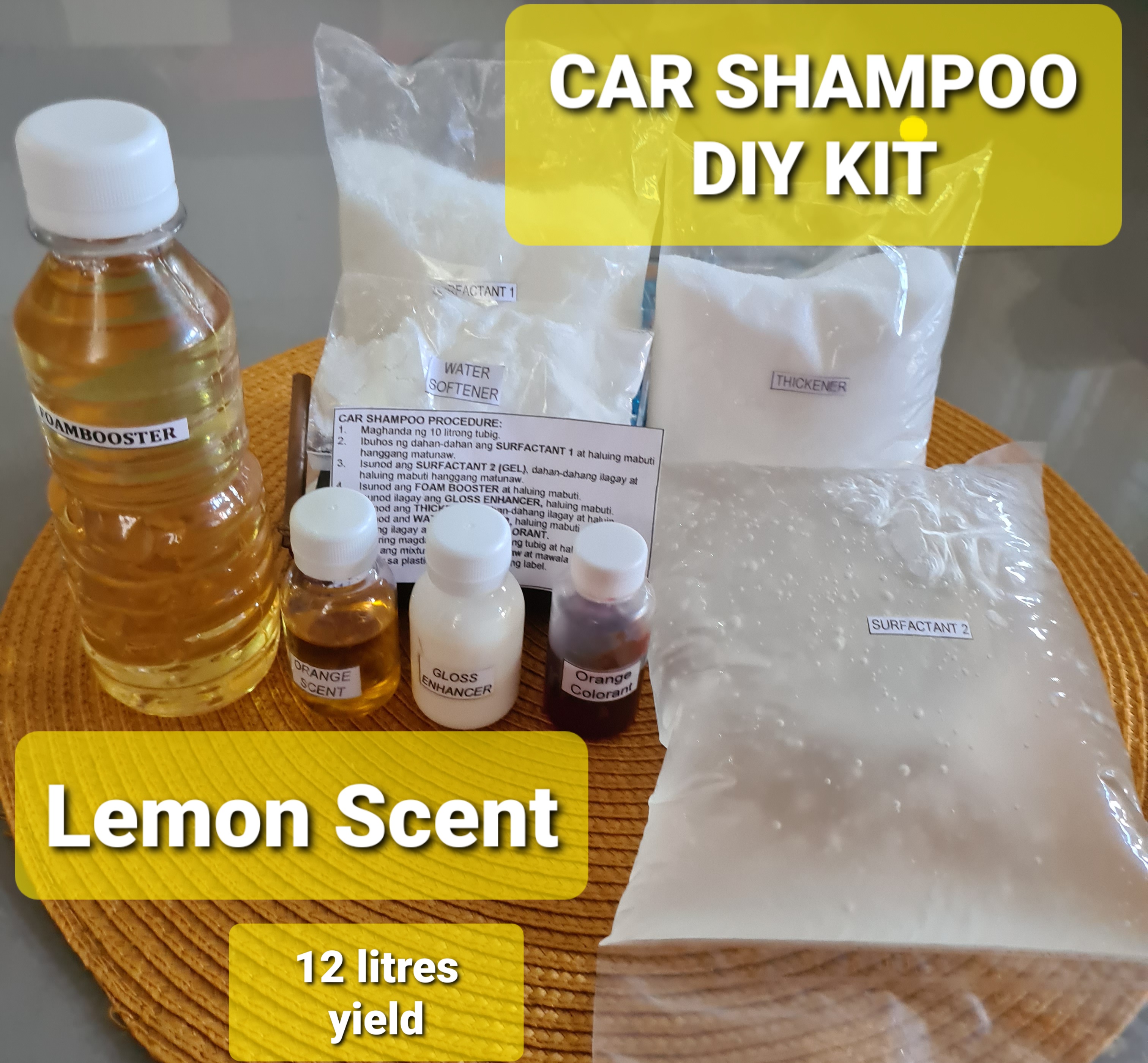 CAR SHAMPOO, DIY KIT, LEMON SCENT, 12 LITERS YIELD, EASY TO USE, TAGALOG INSTRUCTIONS INCLUDED