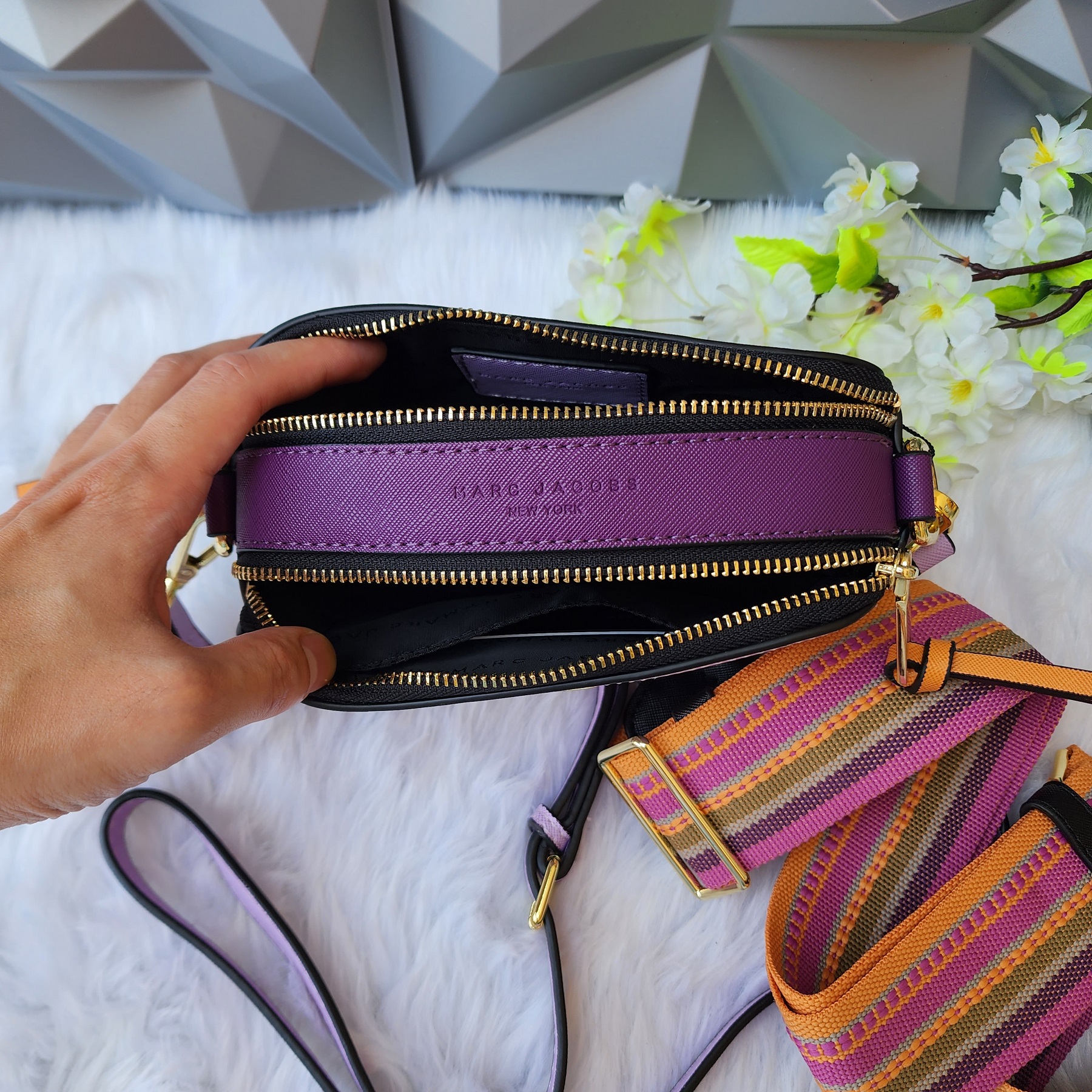 M.J Medium Camera Bag in Light Purple / Green Saffiano Leather - Women's  Snapshot Bag with Stripe Jacquard Webbing Strap and Thin Strap