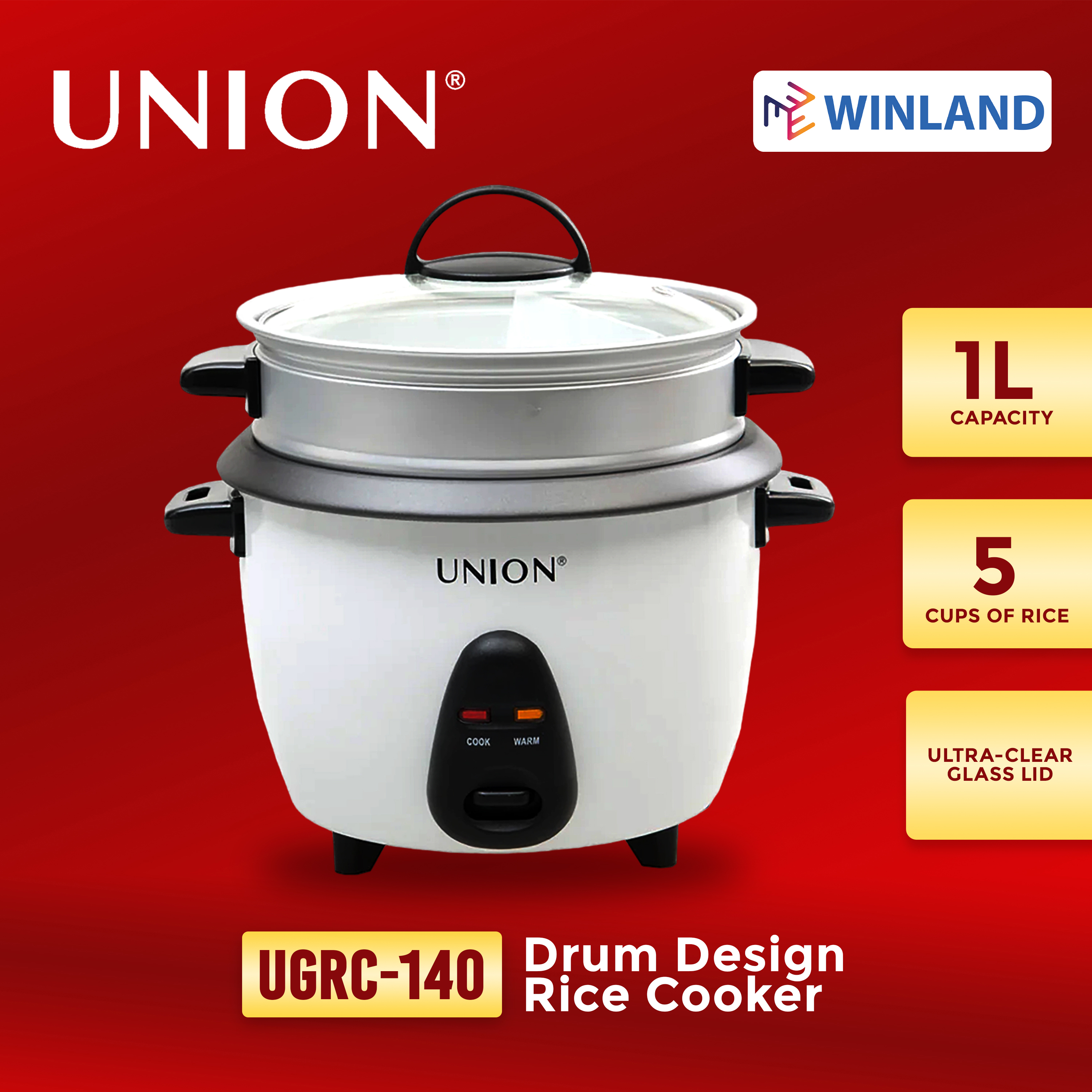 UNION by Winland 1.0L Drum Design Rice Cooker Tempered Glass Lid w