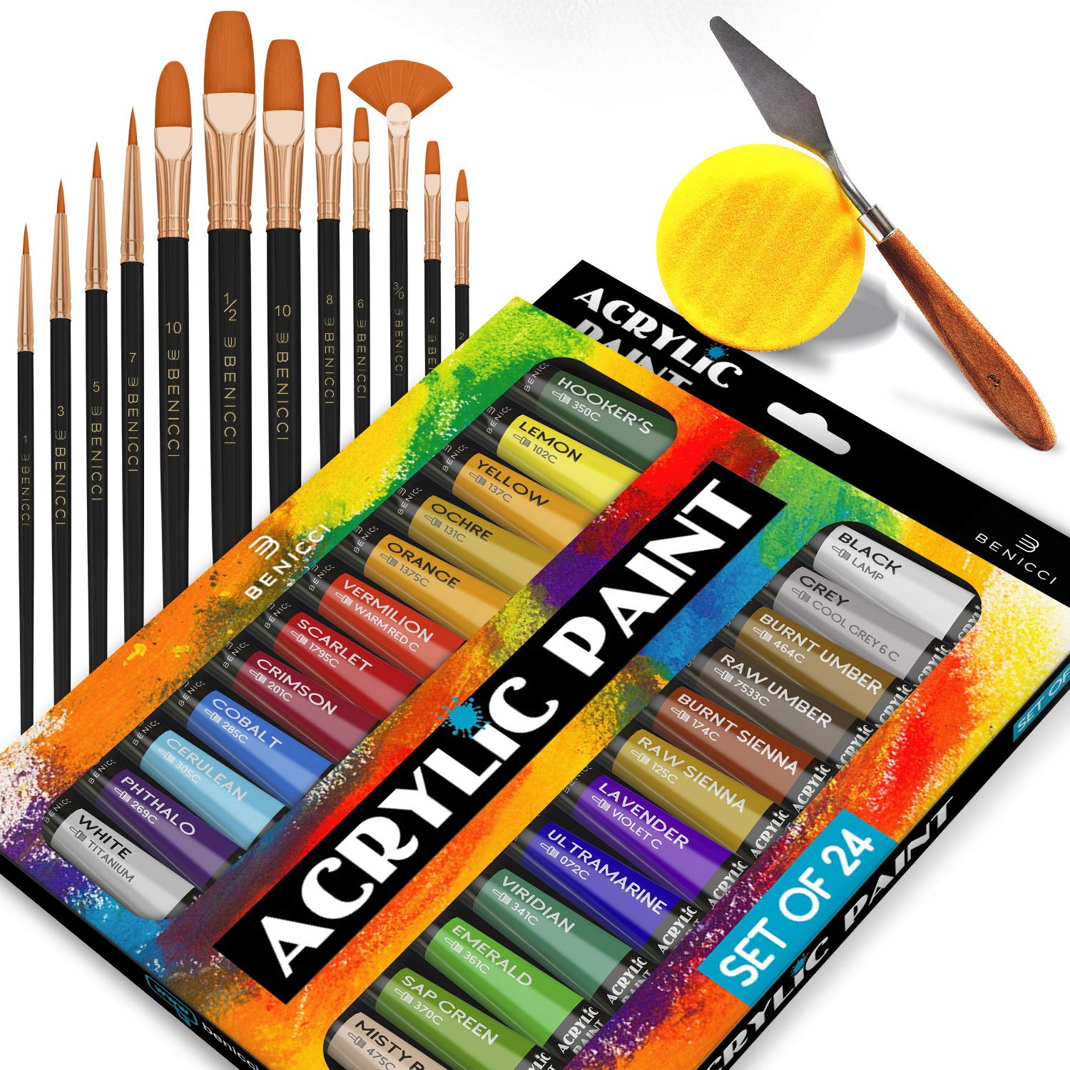 Complete Acrylic Paint Set – 24х Rich Pigment Colors – 12x Art Brushes with Bonus Paint Art Knife & Sponge – for Painting