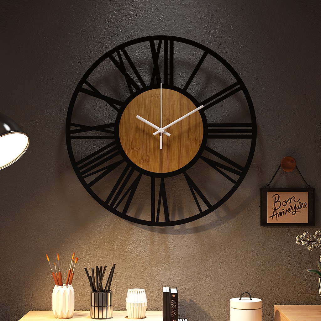 Modern Minimalist Creative Iron Wood Roman Wall Clock 16 Inch Living