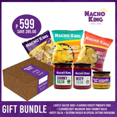 Nacho King Gift Bundle C - Flavored Chips Beef Barbacoa + Cheesy Pimiento + Lightly Salted 160g + Beefy Salsa + Chunky Salsa + Silipeno