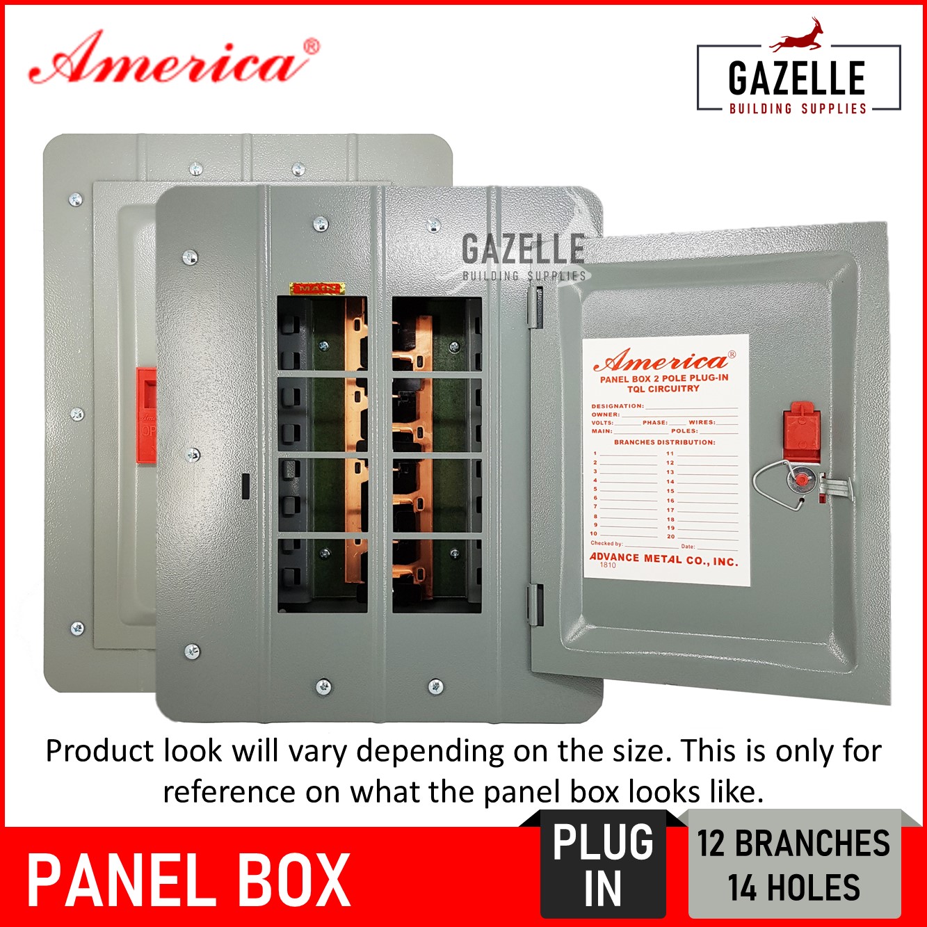 America Panel Box for 2 Pole PlugIn Circuit Breakers 12 Branches (14