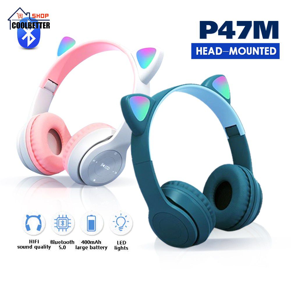 COD/Local StockWireless Bluetooth Headphones P47M LED Light Cat Ear Headphone With Mic Foldable Bluetooth Headset LED Light Earphones Headset Music Gaming Earphone | Lazada PH