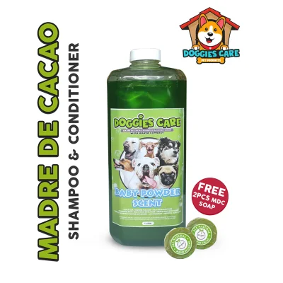 Madre de Cacao Shampoo & Conditioner with Guava Extract - Baby Powder Scent 1 Liter Green FREE MDC SOAP 2pcs Anti Mange, Anti Tick and Flea, Anti Fungal