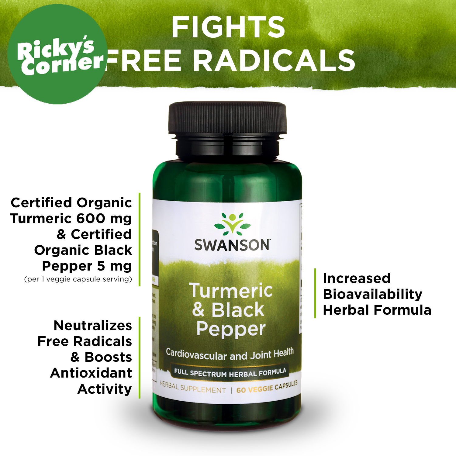 Swanson Turmeric & Black Pepper Vegetable Capsules, 600 mg, 60 Ct