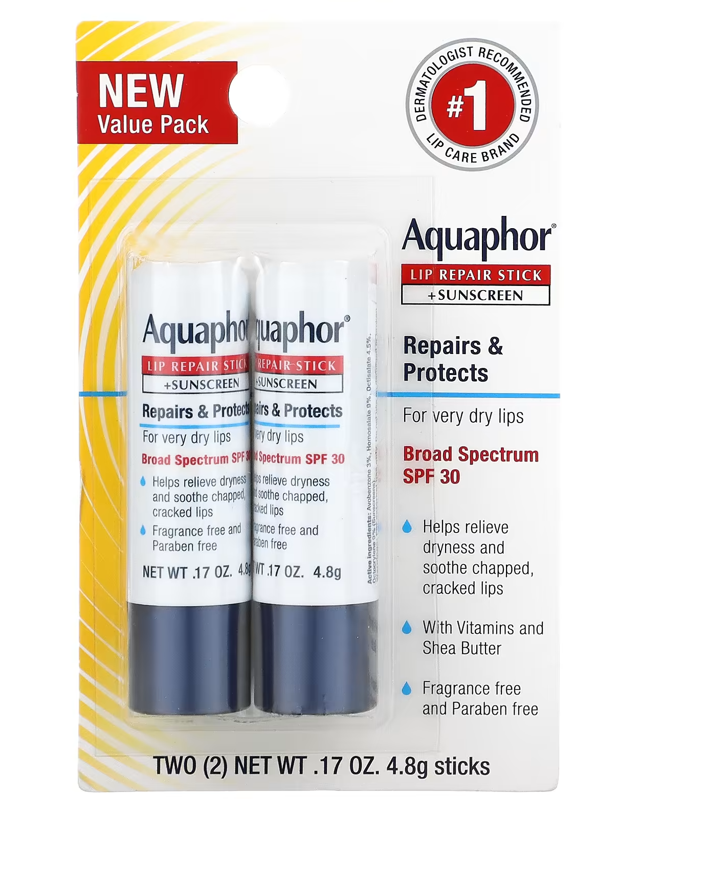 Aquaphor, Lip Repair, Stick, Immediate Relief, Fragrance Free, 1 Stick