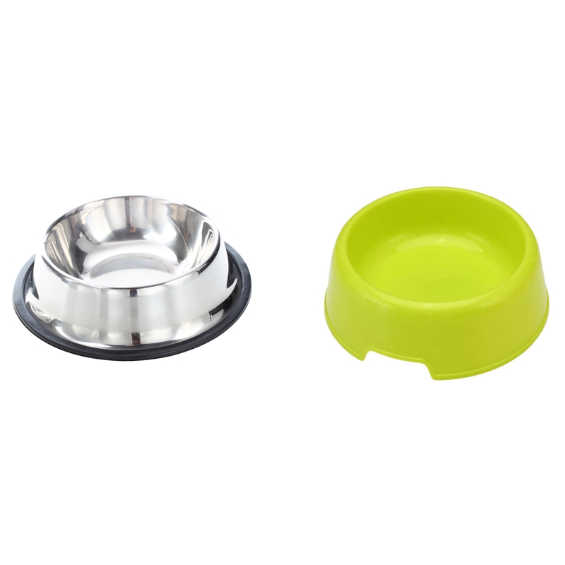 1 Pcs Stainless Steel Food Bowl with Rubber Ring for Pets & 1 Pcs Food Water Bowl Candy Color Pet Bowl Green