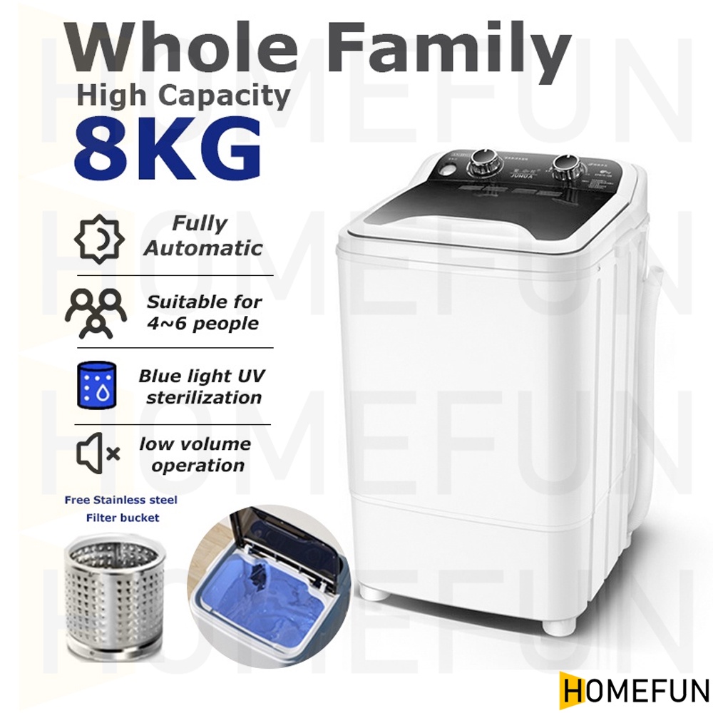 HOMEFUN Washing Machine8KG black Washing machine TopLoading with drying UV blue light