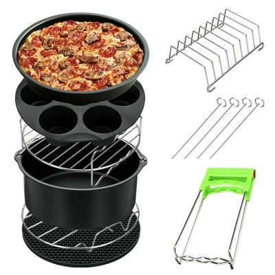 8Pcs Air Fryer Accessories Set Chips Baking Basket Pizza Pan Home Kitchen Tool