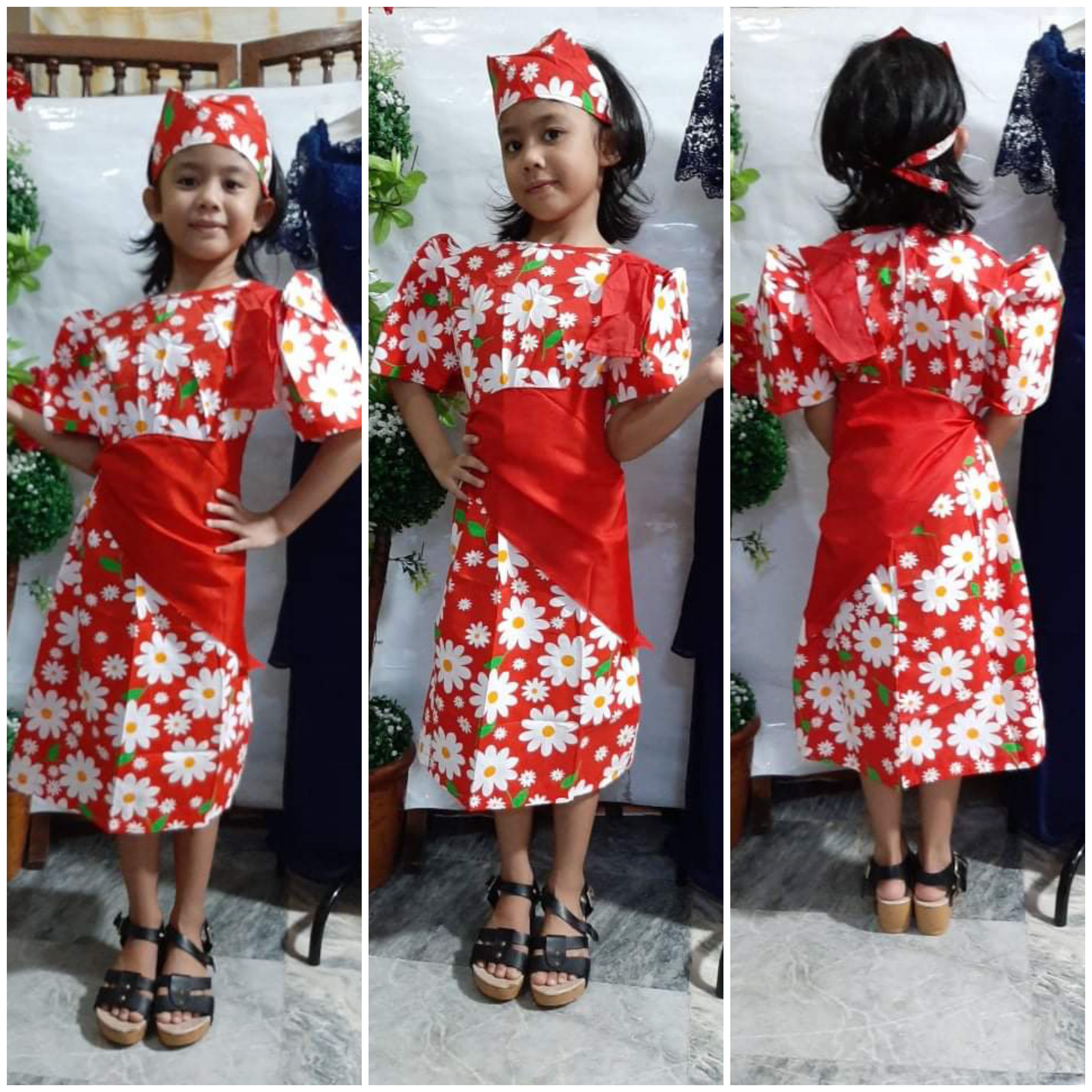 Traditional Kids Filipiniana Dress For Girl Ages From 5 Up To 10 Years Old.  Featuring A Maria Clara Cuff With Turban, Apron And A Sash. Best Wear On  Virtual As Well As