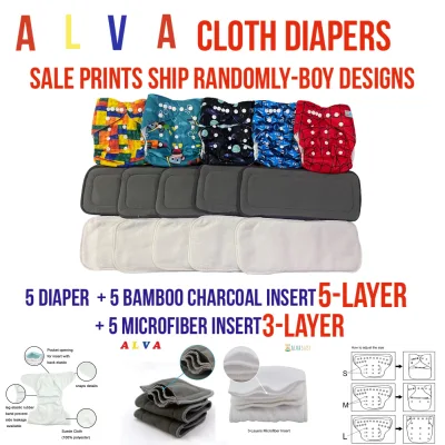ALVA BABY Cloth Diapers 5 PCS With 5 MICROFIBER INSERT 3-LAYER AND 5 PCS BAMBOO CHARCOAL-DESIGNS PRINTS WILL SHIP RANDOMLY-BOY BUNDLE PRINTS