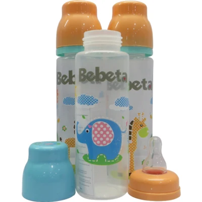 Bebeta Feeding Bottle w/Decorated Hood & Sil. Nipple Regular Neck 9oz 3pcs/pack Blue