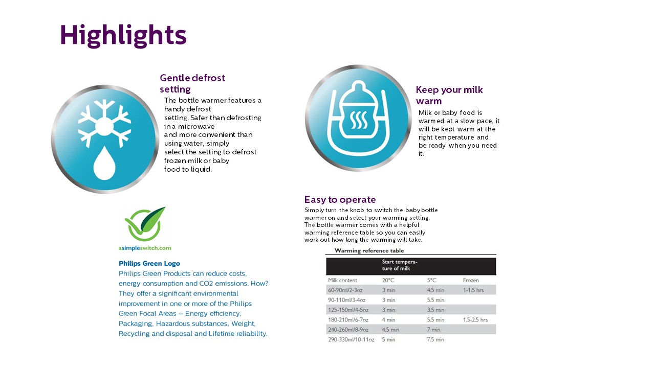 avent bottle warmer reference table